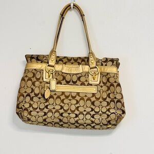 Coach Khaki Gold Metallic Penelope Signature Leather Duffle Hobo Handbag
